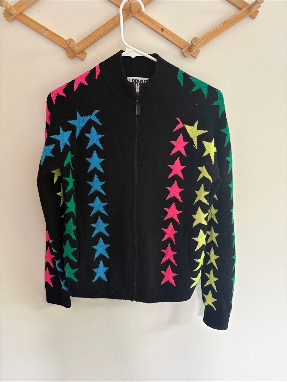 Threads of PRVLG Rainbow multicolor Cashmere Zip Up Sweater Jacket S Mod Funky